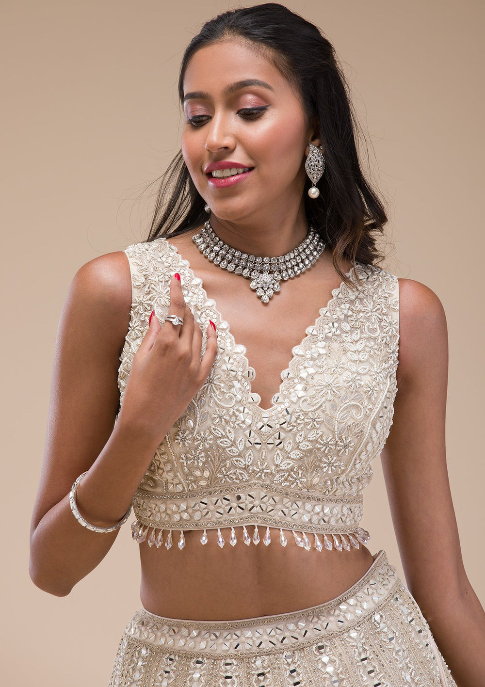 Cream Mirrorwork Net Readymade Lehenga-Koskii