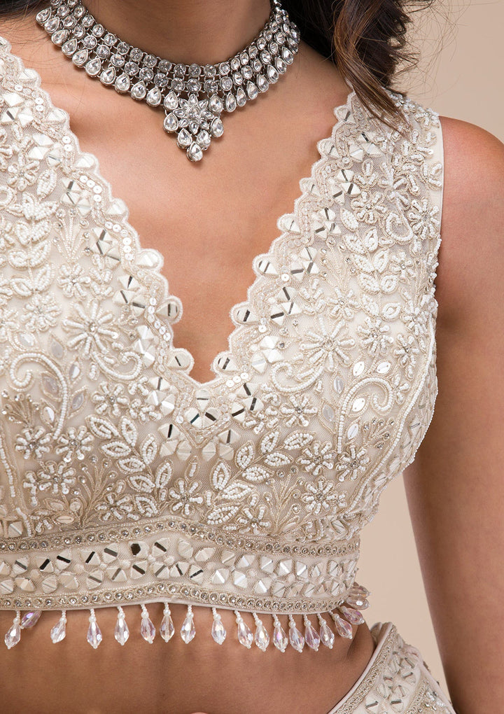 Cream Mirrorwork Net Readymade Lehenga-Koskii