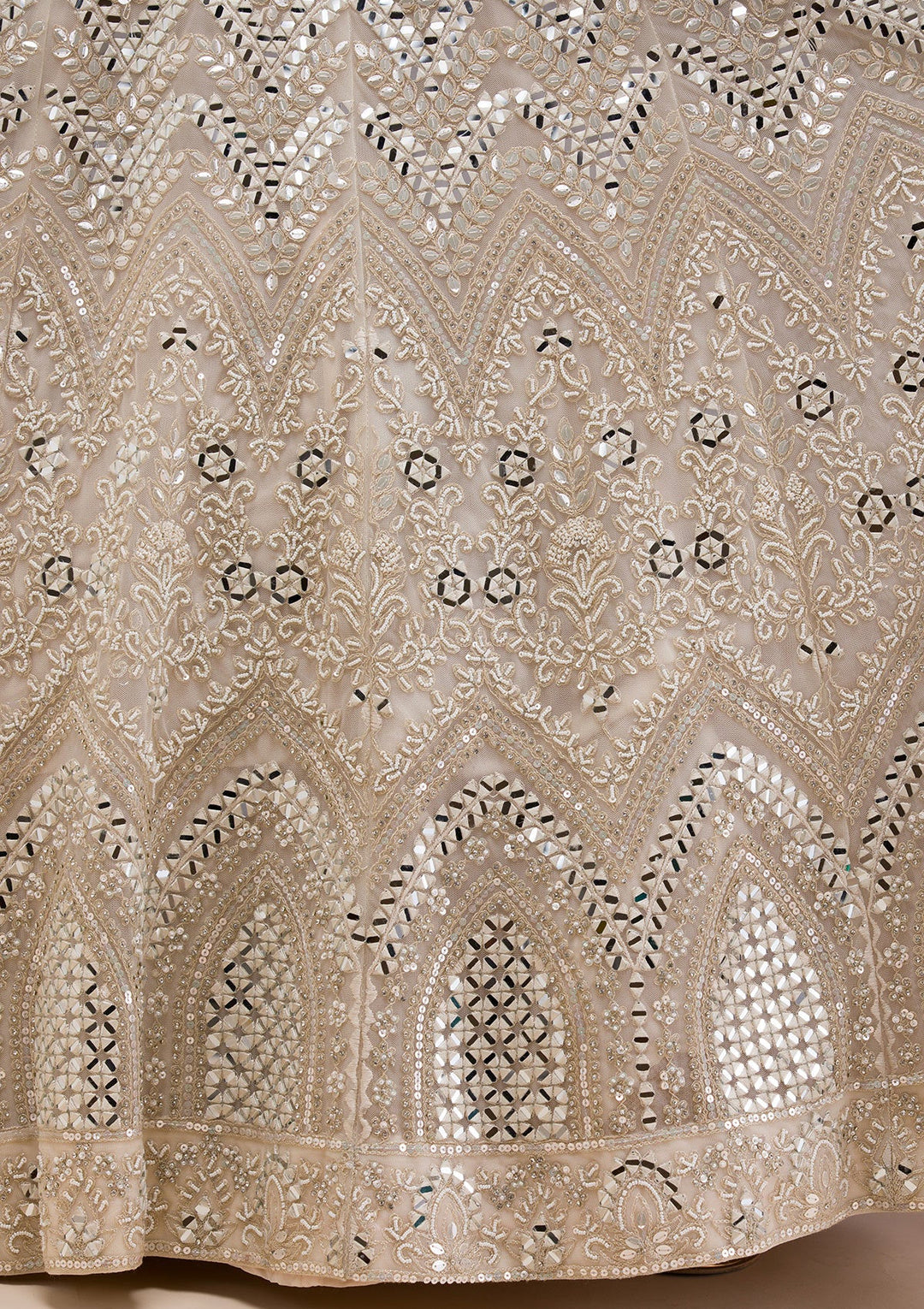 Cream Mirrorwork Net Readymade Lehenga-Koskii