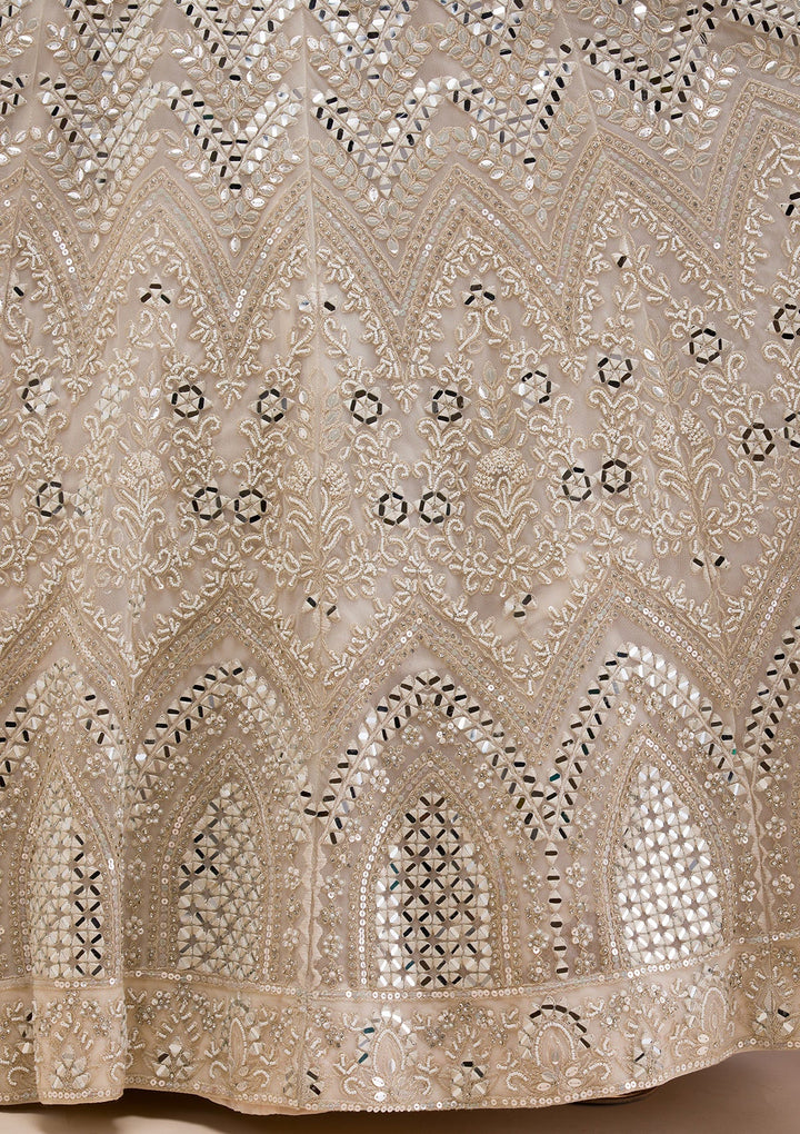 Cream Mirrorwork Net Readymade Lehenga-Koskii