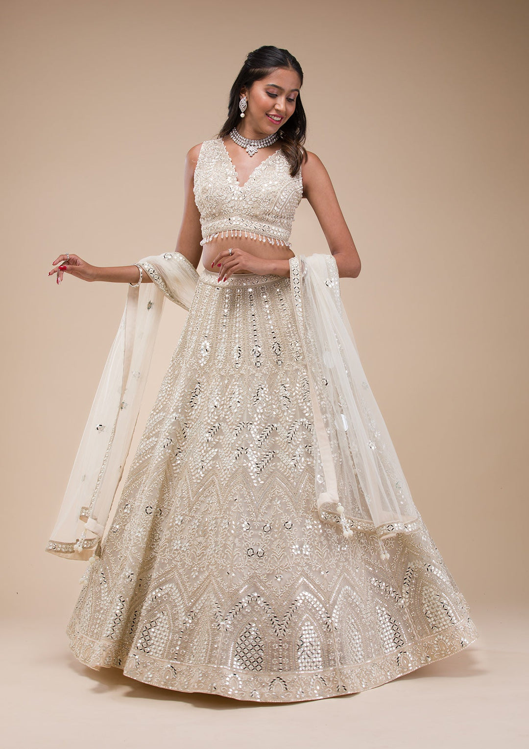 Cream Mirrorwork Net Readymade Lehenga-Koskii