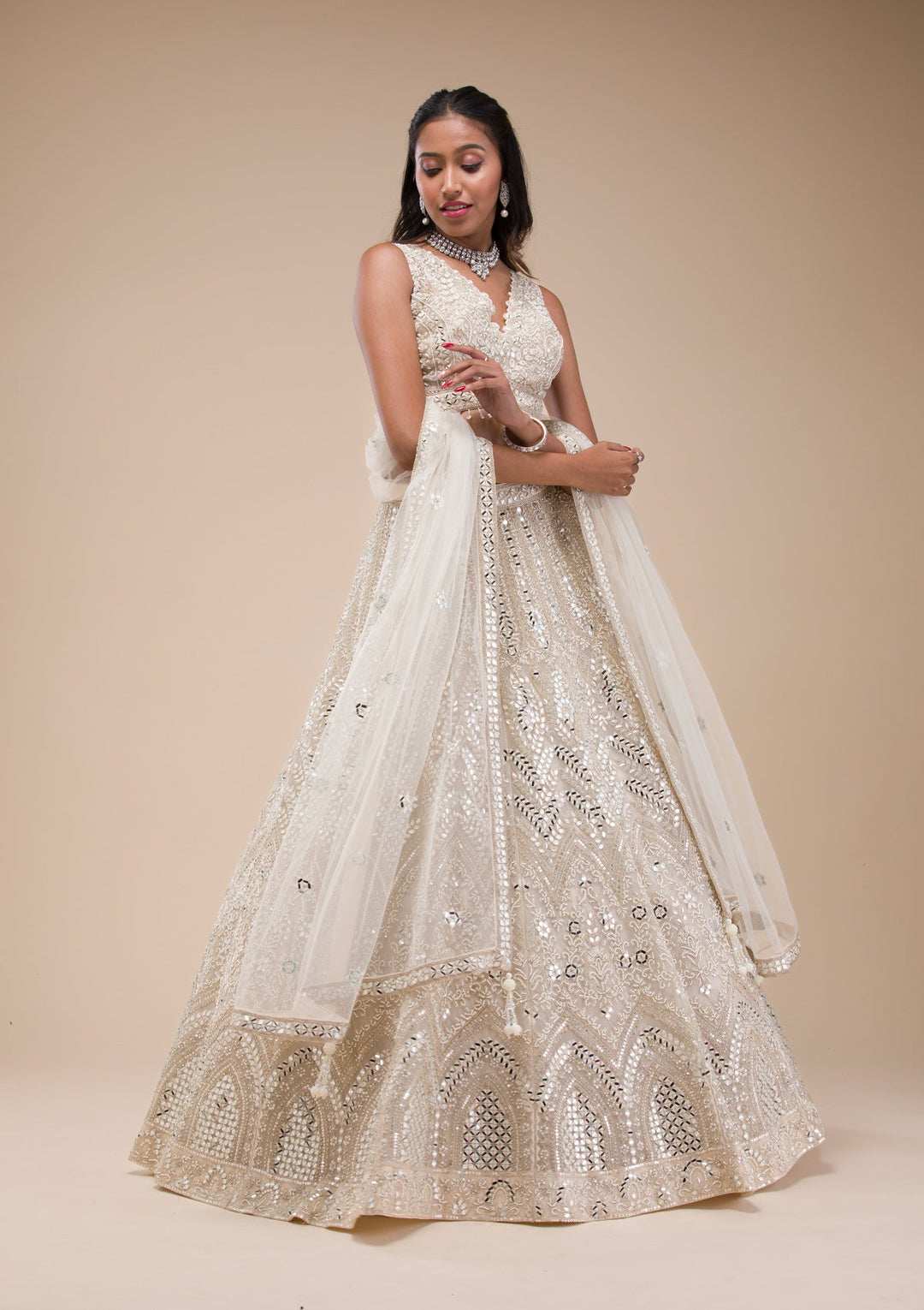 Cream Mirrorwork Net Readymade Lehenga-Koskii