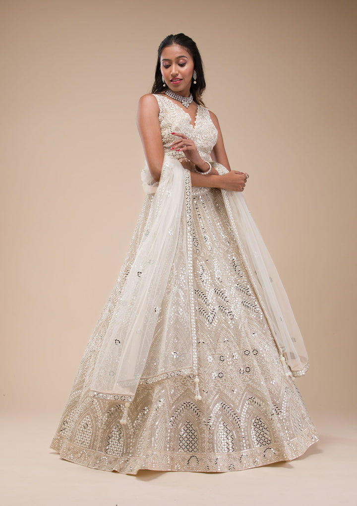 Cream Mirrorwork Net Readymade Lehenga-Koskii