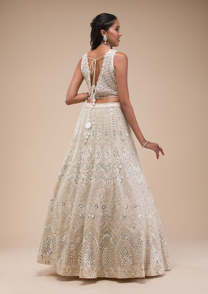 Cream Mirrorwork Net Readymade Lehenga-Koskii