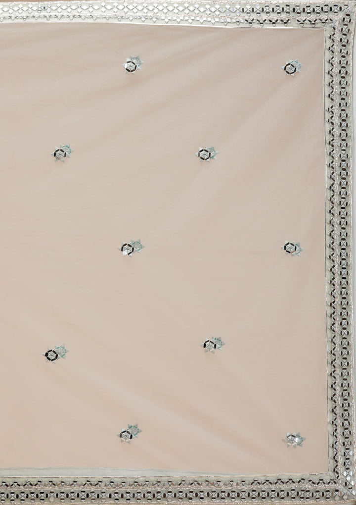 Cream Mirrorwork Net Readymade Lehenga-Koskii