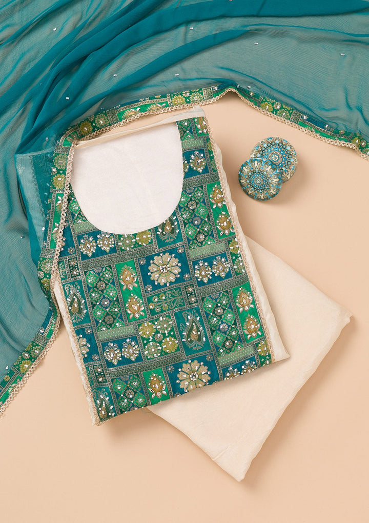 Turquoise Blue Patchwork Organza Unstitched Salwar Suit-Koskii