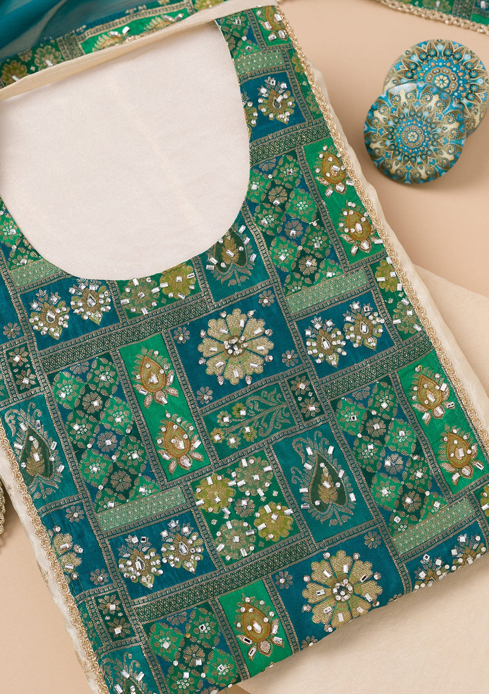 Turquoise Blue Patchwork Organza Unstitched Salwar Suit-Koskii