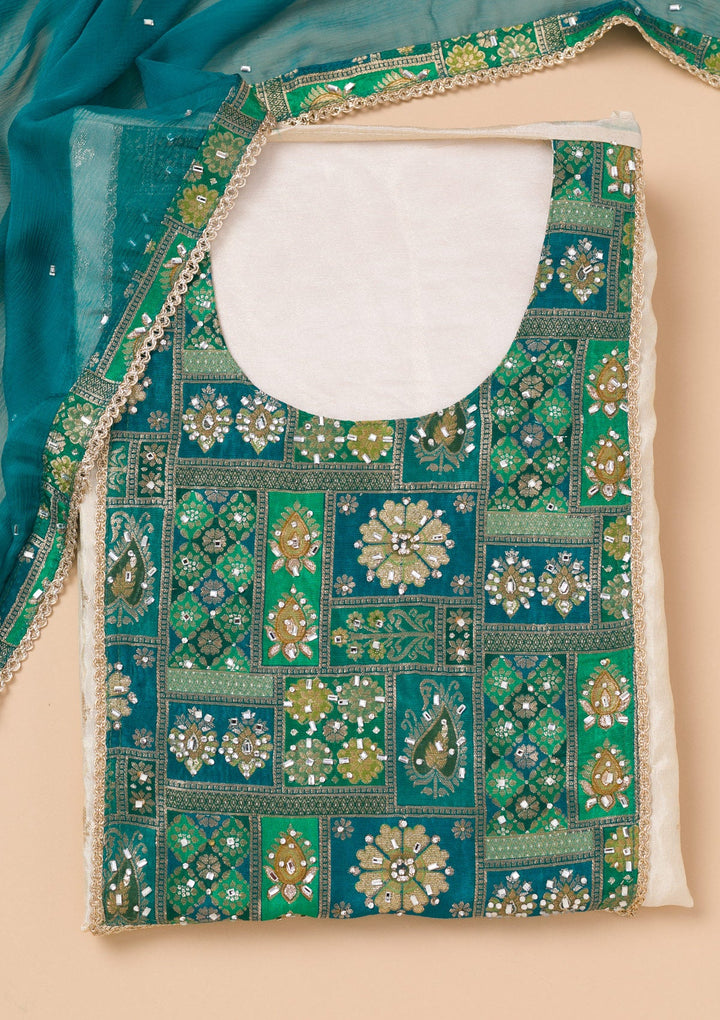 Turquoise Blue Patchwork Organza Unstitched Salwar Suit-Koskii