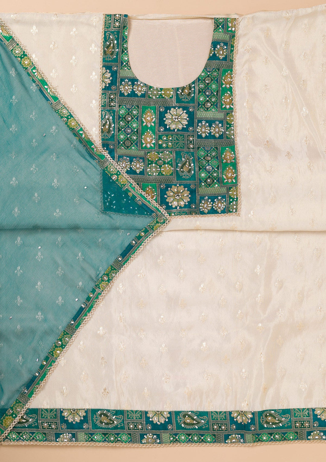 Turquoise Blue Patchwork Organza Unstitched Salwar Suit-Koskii