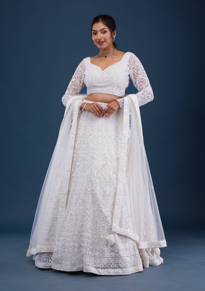Cream Pearlwork Net Readymade Lehenga-Koskii