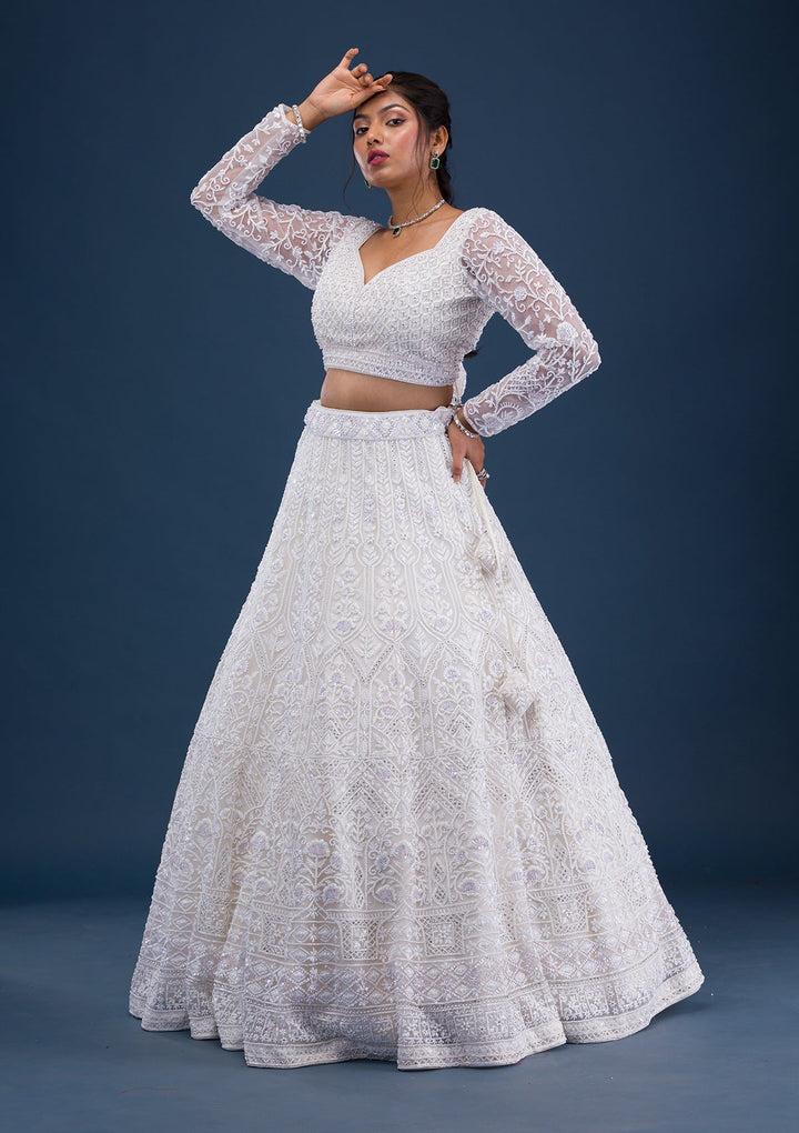 Cream Pearlwork Net Readymade Lehenga-Koskii
