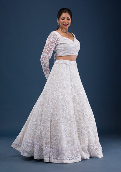 Cream Pearlwork Net Readymade Lehenga-Koskii