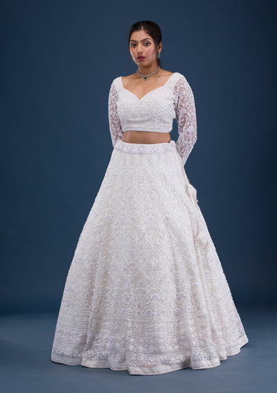 Cream Pearlwork Net Readymade Lehenga-Koskii