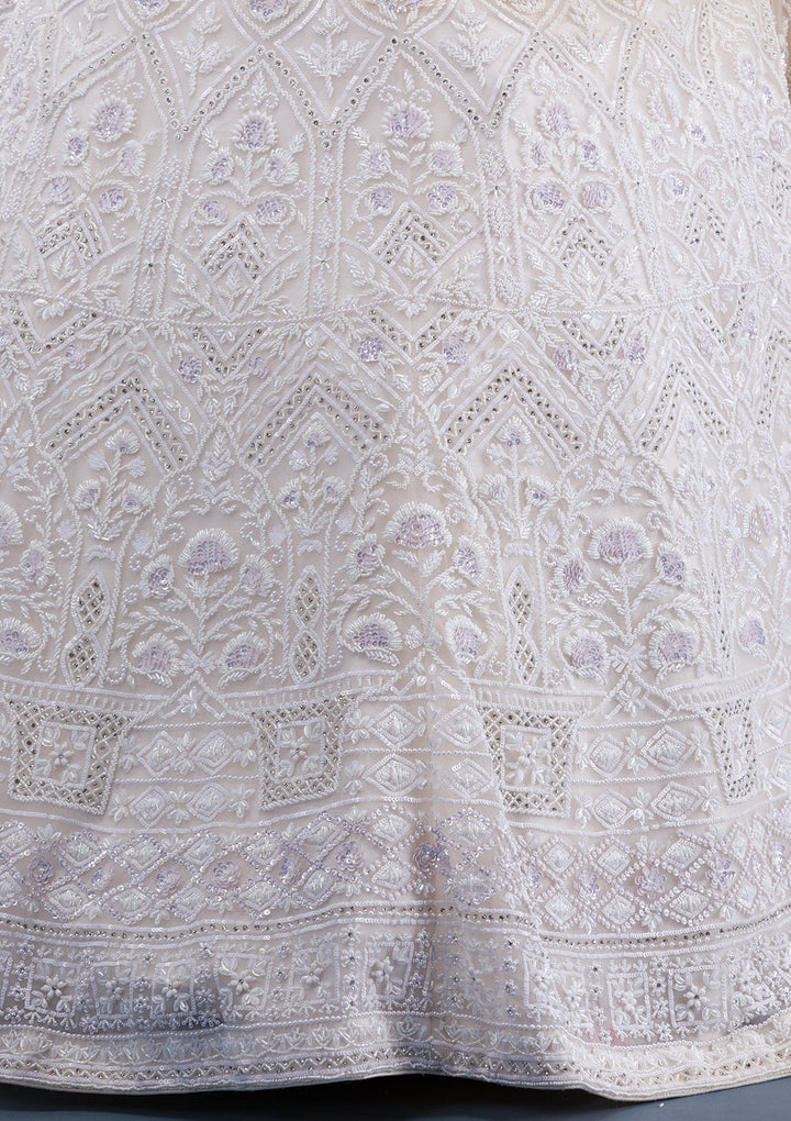 Cream Pearlwork Net Readymade Lehenga-Koskii