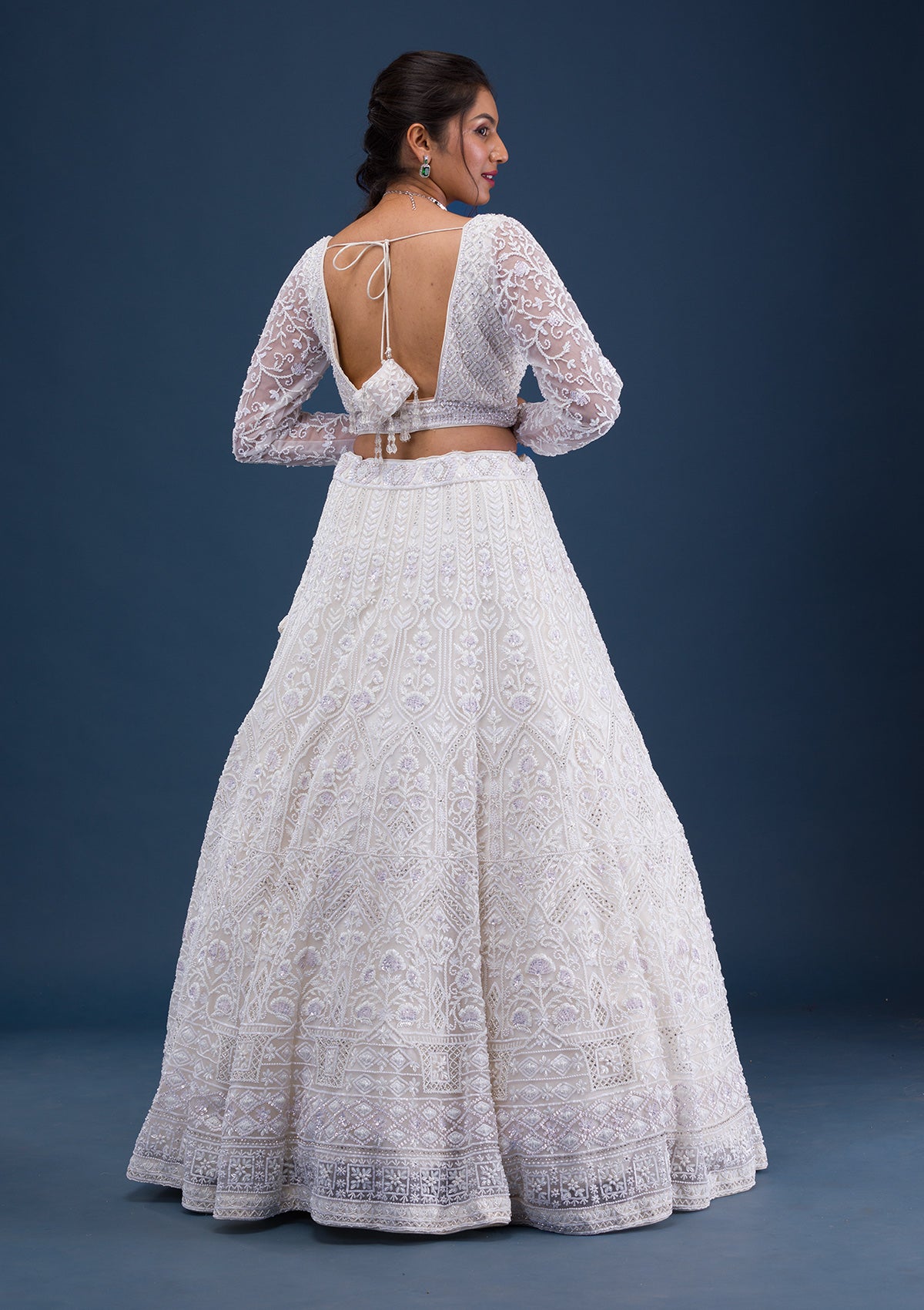 Cream Pearlwork Net Readymade Lehenga-Koskii