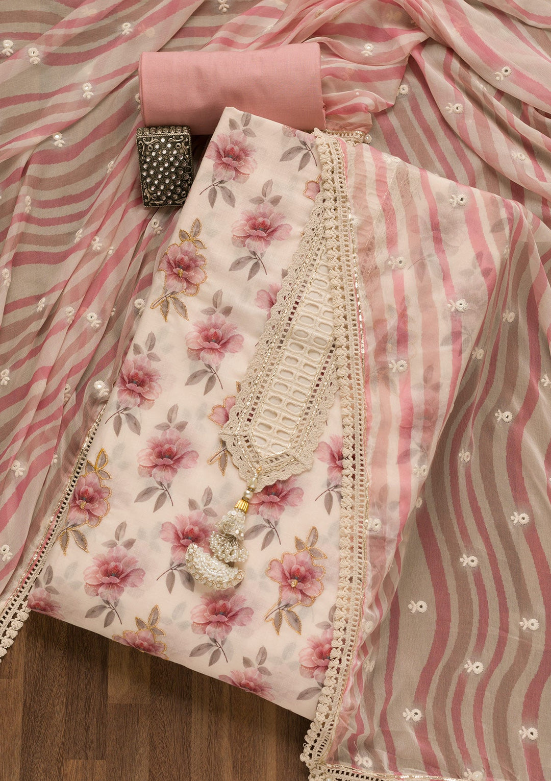 Cream Printed Cotton Unstitched Salwar Kameez-Koskii