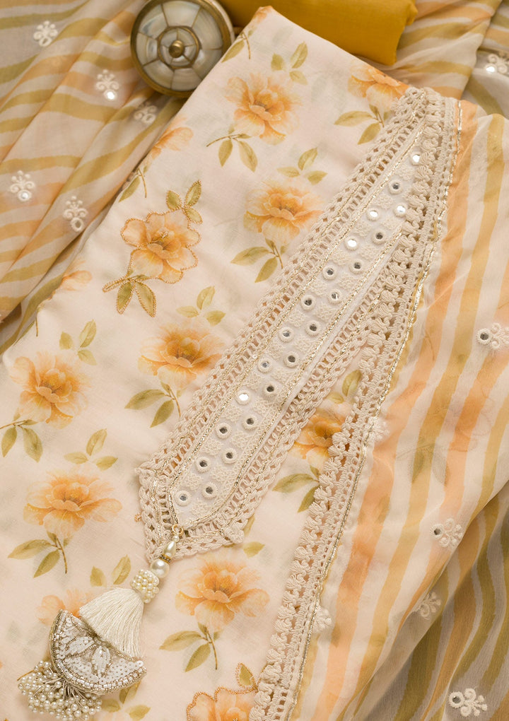 Cream Printed Cotton Unstitched Salwar Kameez-Koskii