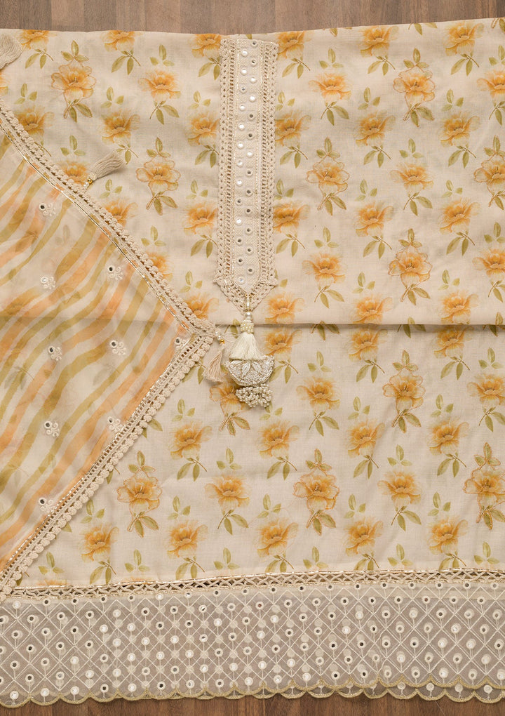 Cream Printed Cotton Unstitched Salwar Kameez-Koskii