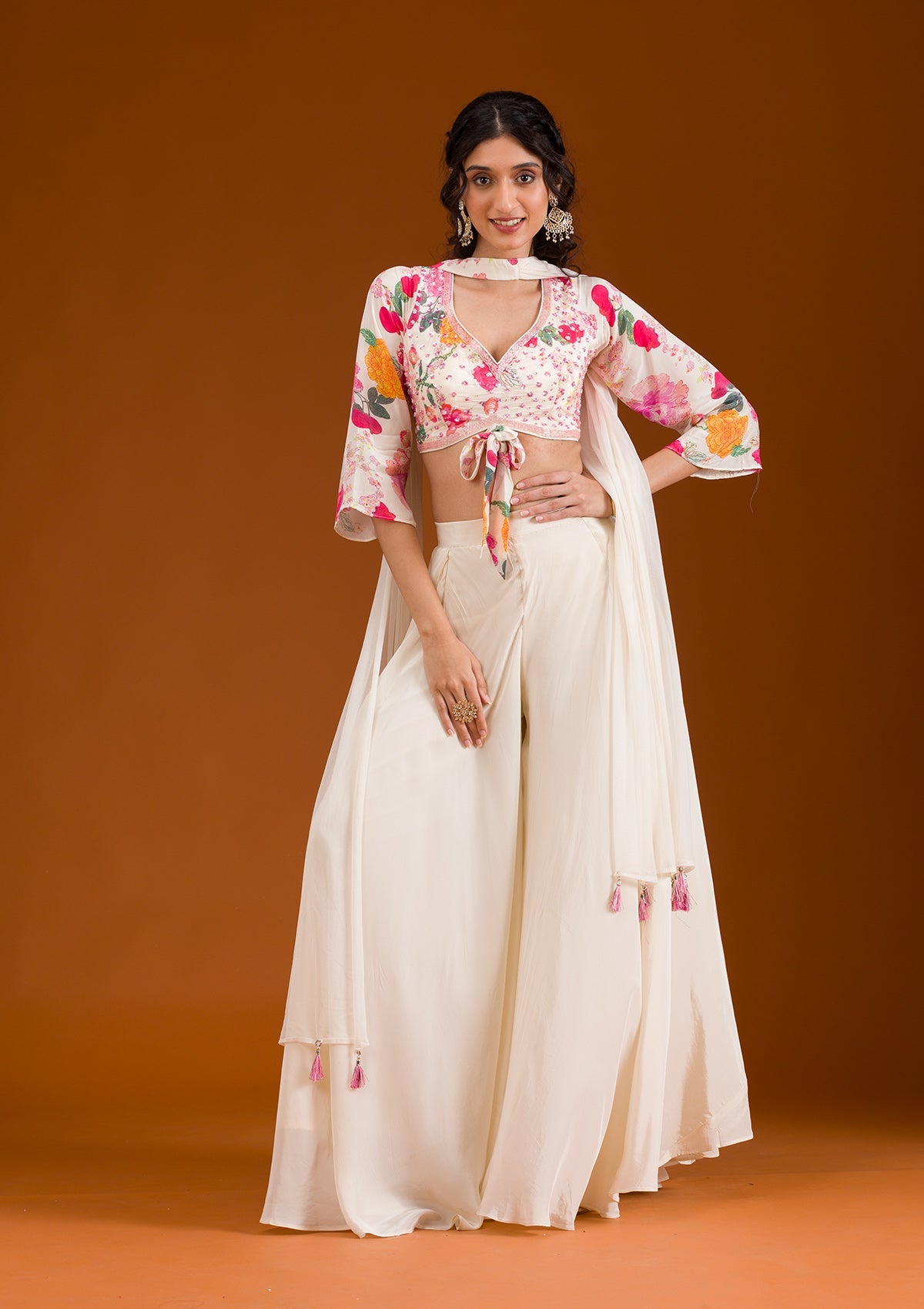 Cream Printed Semi Crepe Readymade Salwar Suit-Koskii