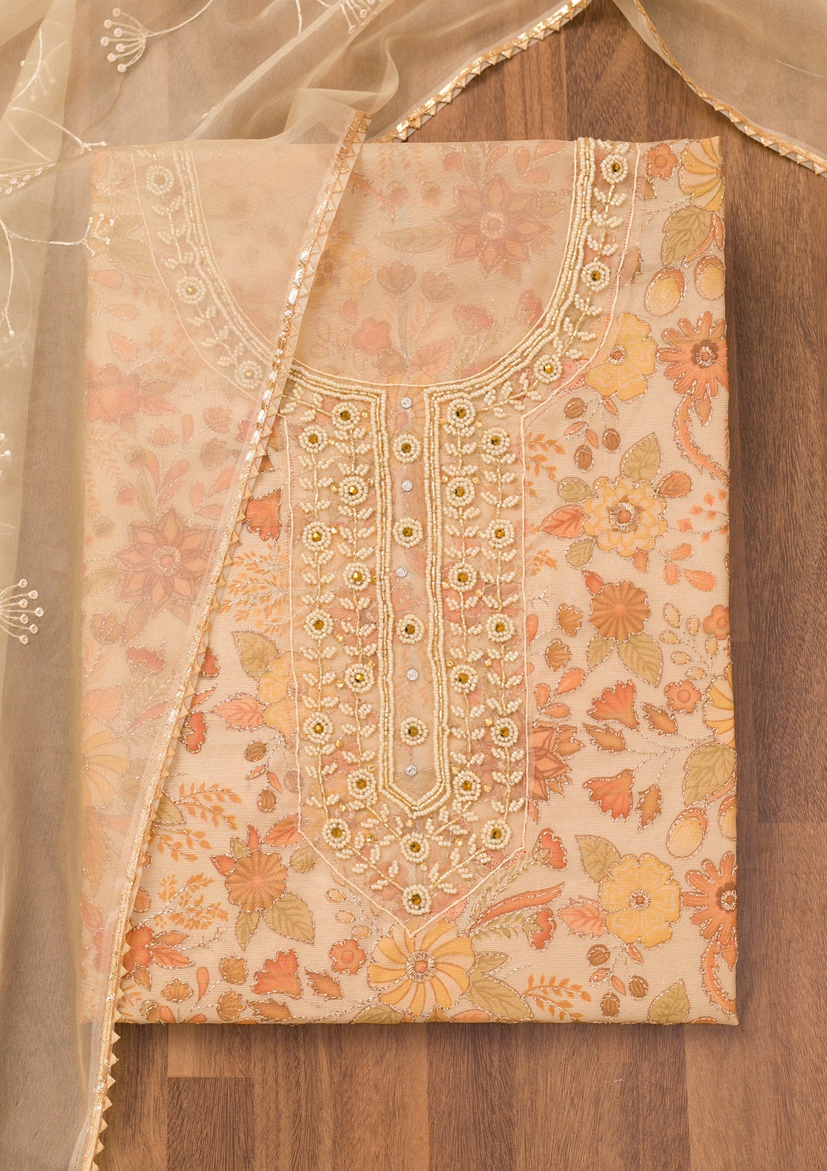 Cream Printed Tissue Unstitched Salwar Suit-Koskii