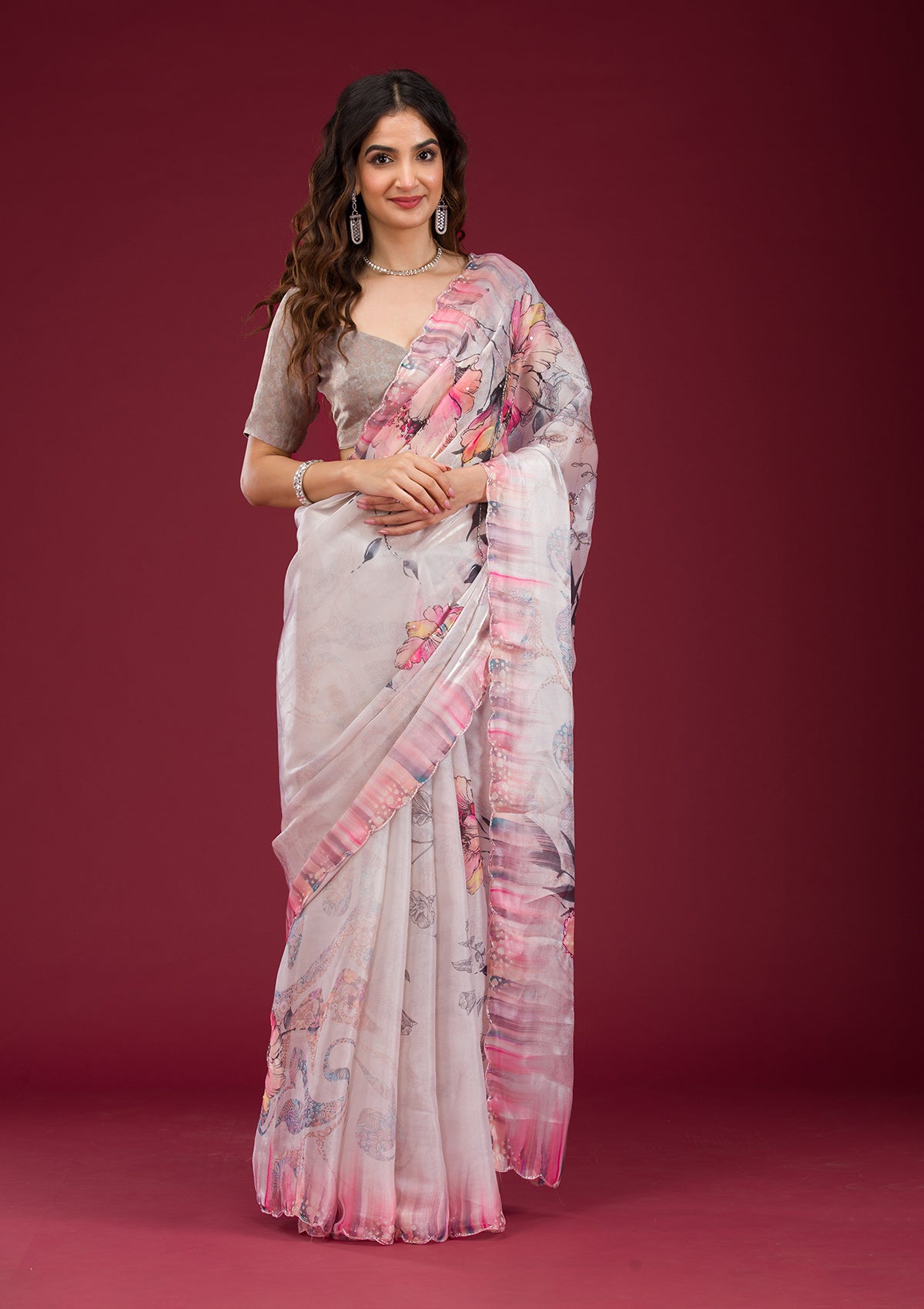 Cream Printed Tissue Saree