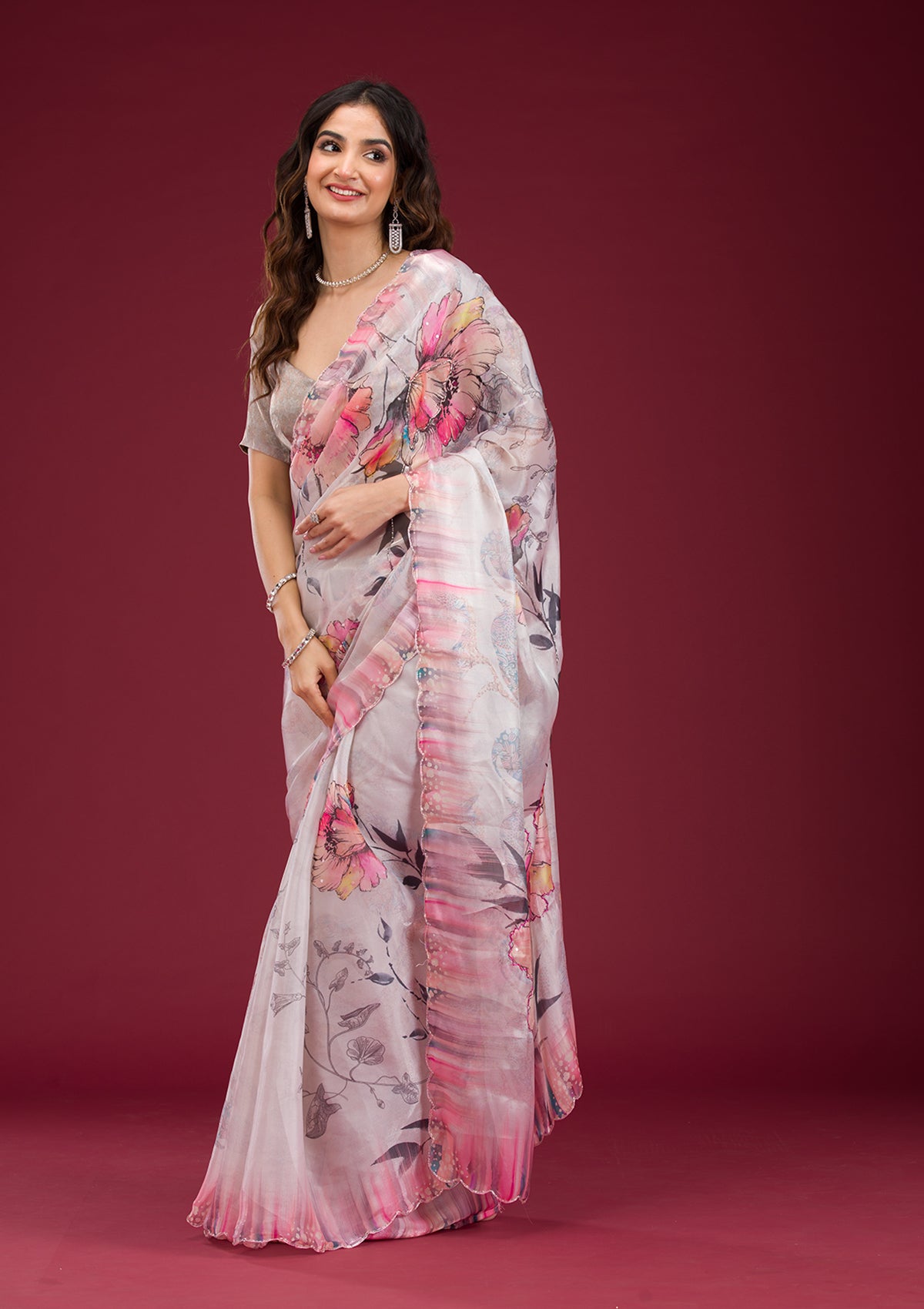 Cream Printed Tissue Saree