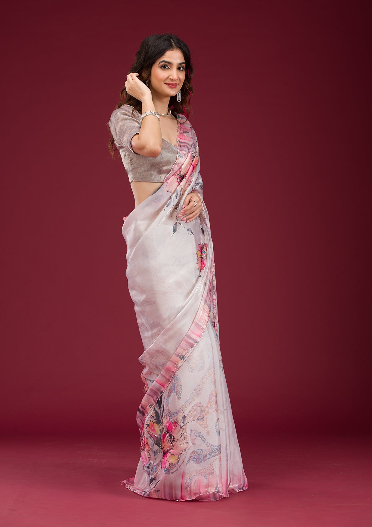 Cream Printed Tissue Saree