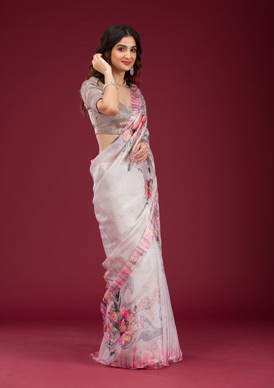 Cream Printed Tissue Saree