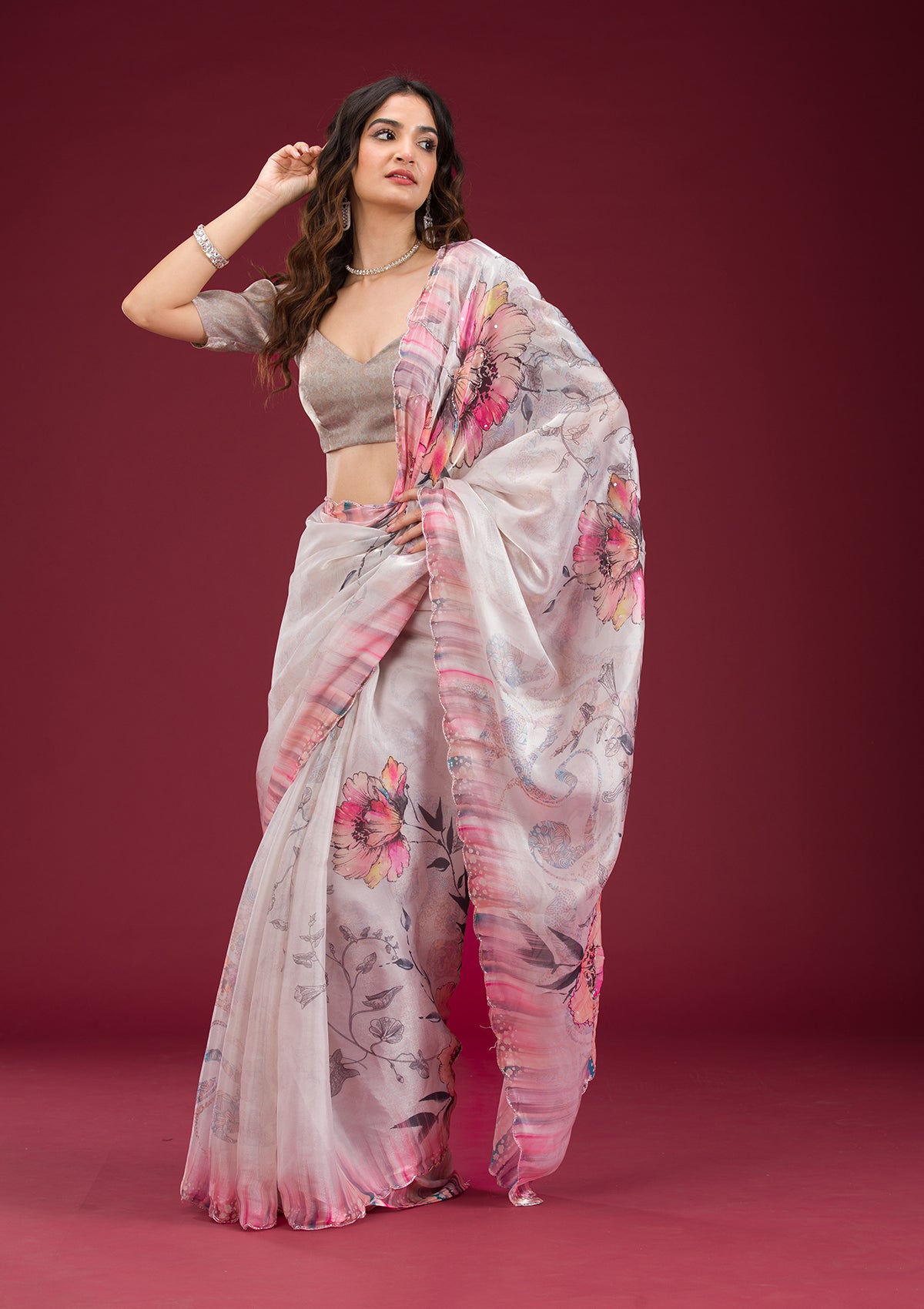 Cream Printed Tissue Saree