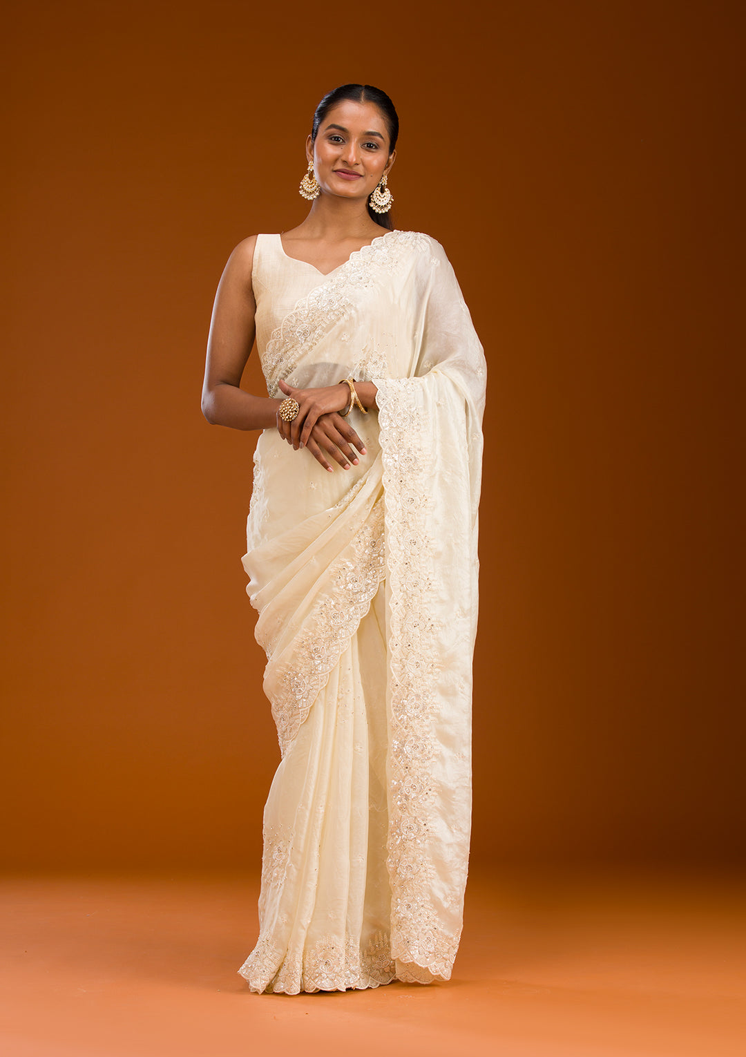 Cream Sequins Chiffon Saree