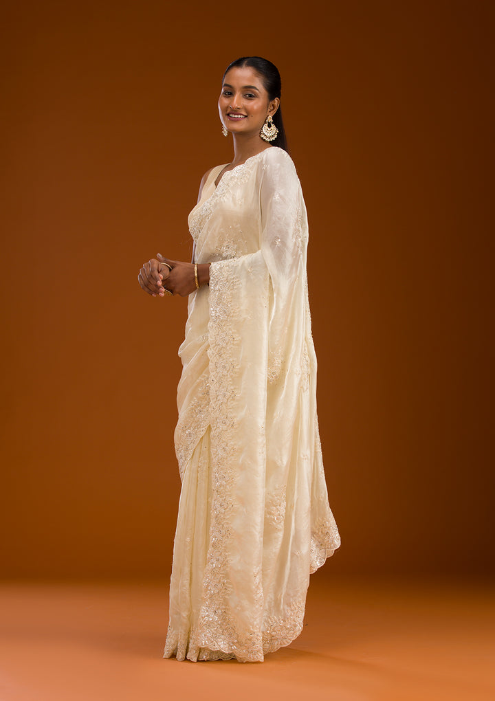 Cream Sequins Chiffon Saree