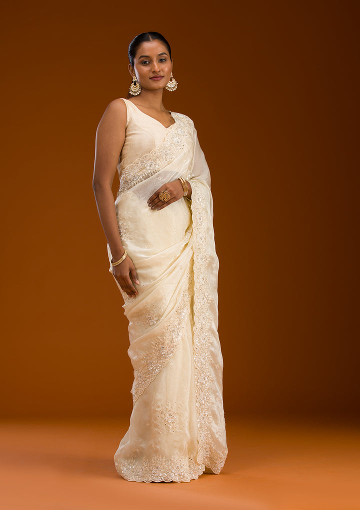 Cream Sequins Chiffon Saree