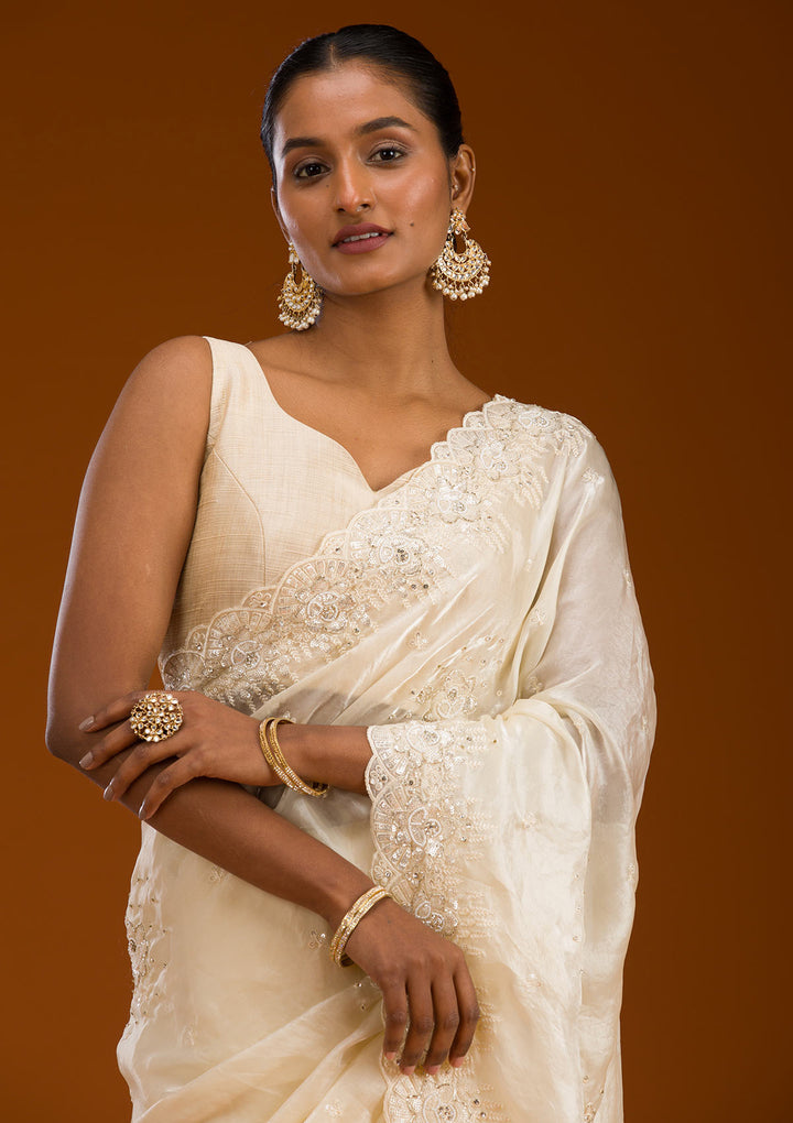 Cream Sequins Chiffon Saree