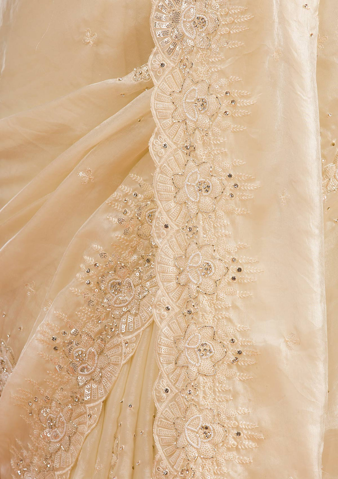 Cream Sequins Chiffon Saree