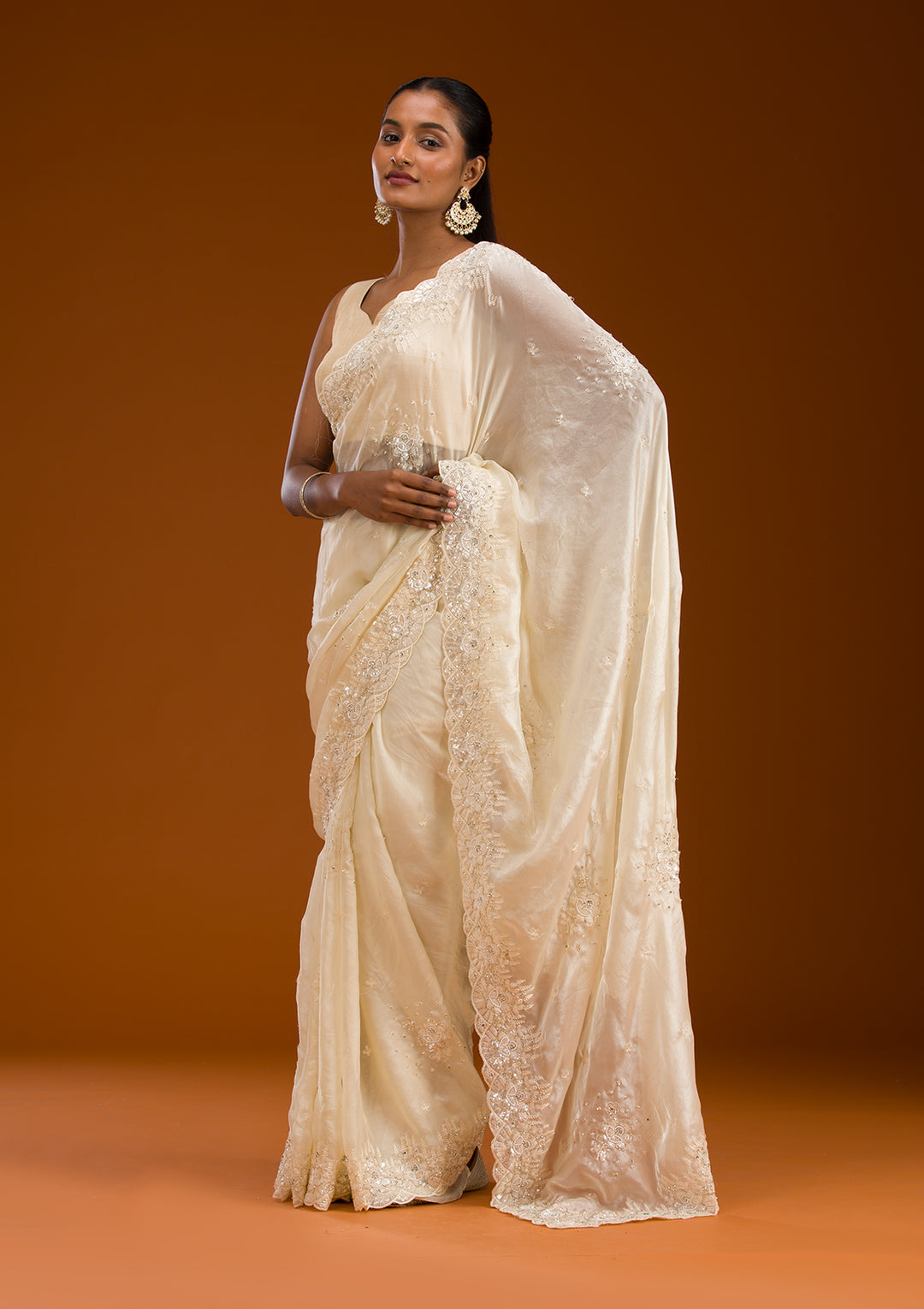 Cream Sequins Chiffon Saree
