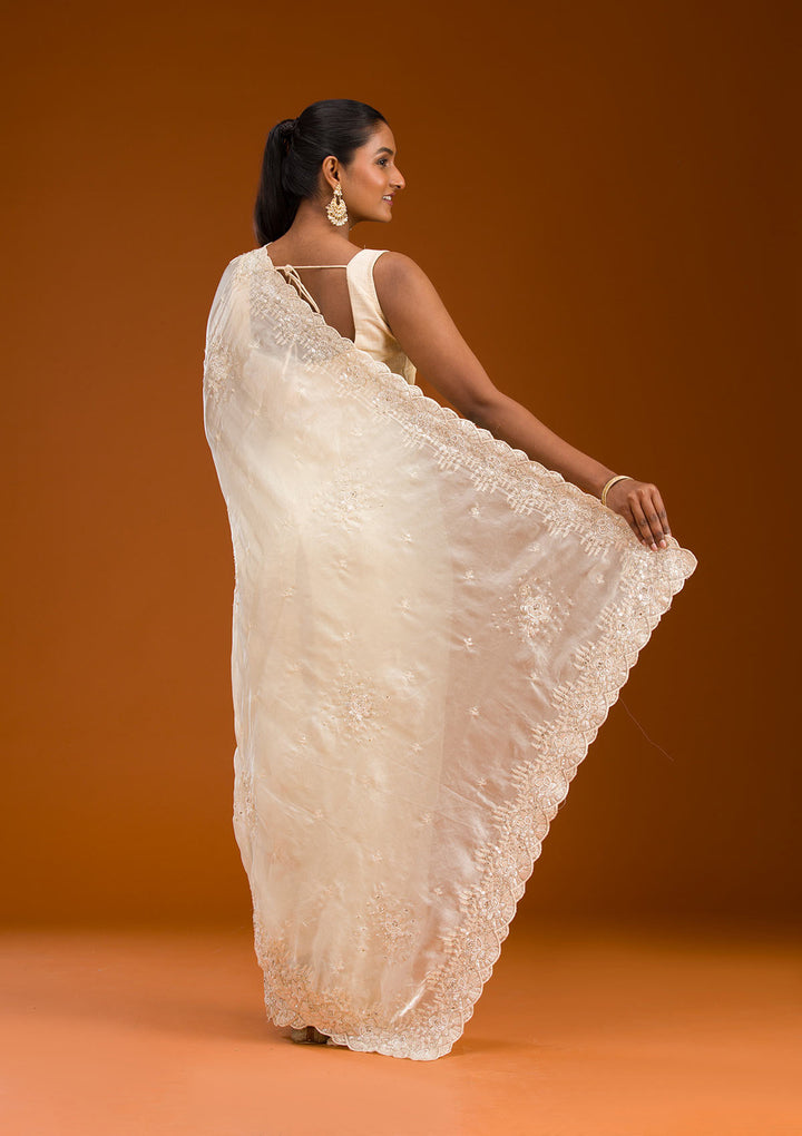 Cream Sequins Chiffon Saree