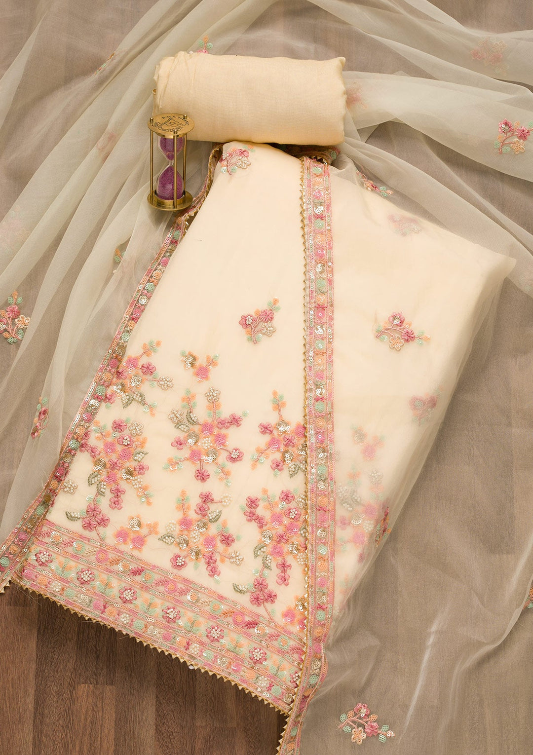 Cream Sequins Georgette Unstitched Salwar Suit-Koskii
