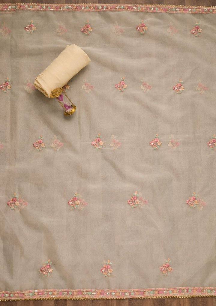Cream Sequins Georgette Unstitched Salwar Suit-Koskii