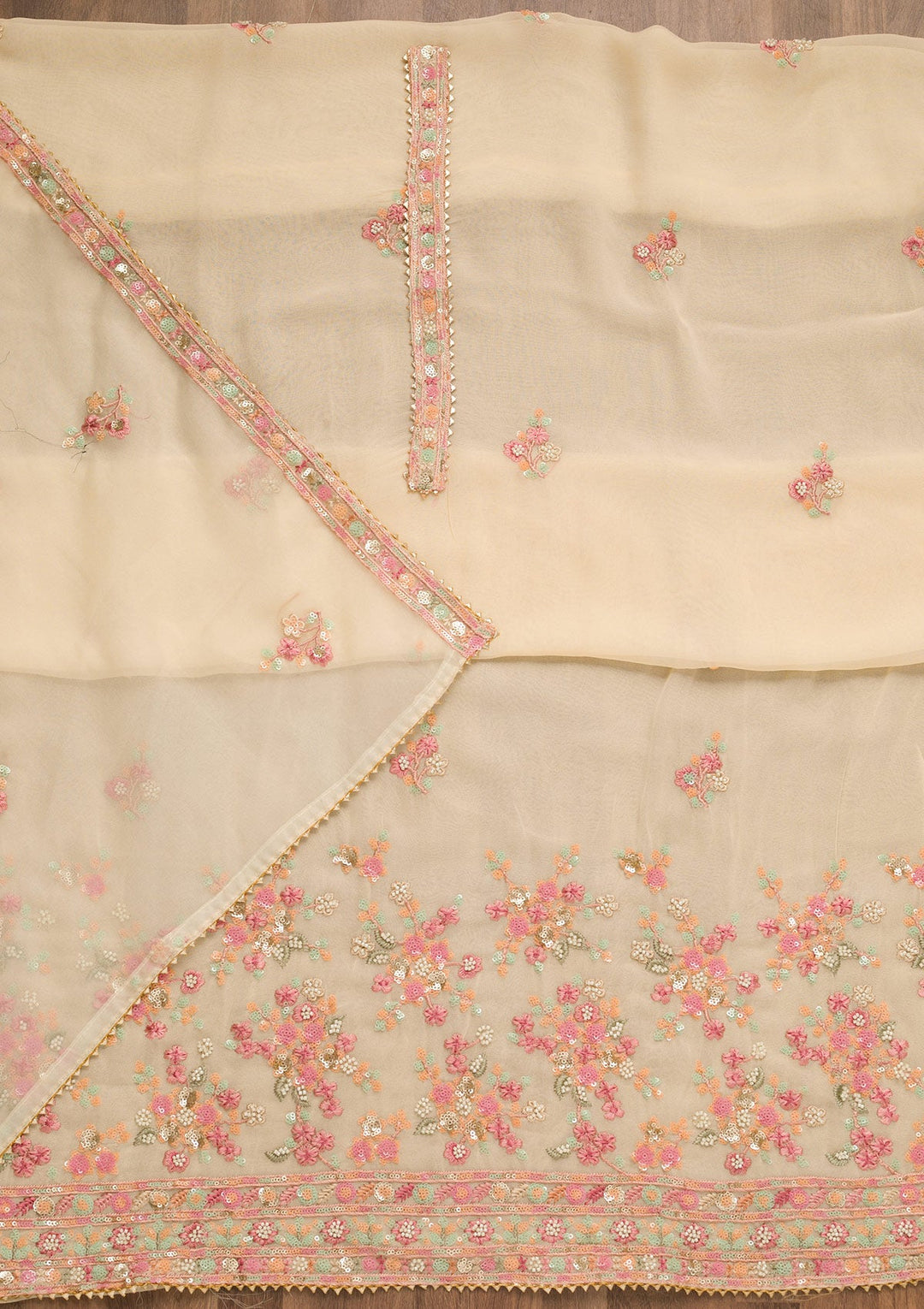 Cream Sequins Georgette Unstitched Salwar Suit-Koskii