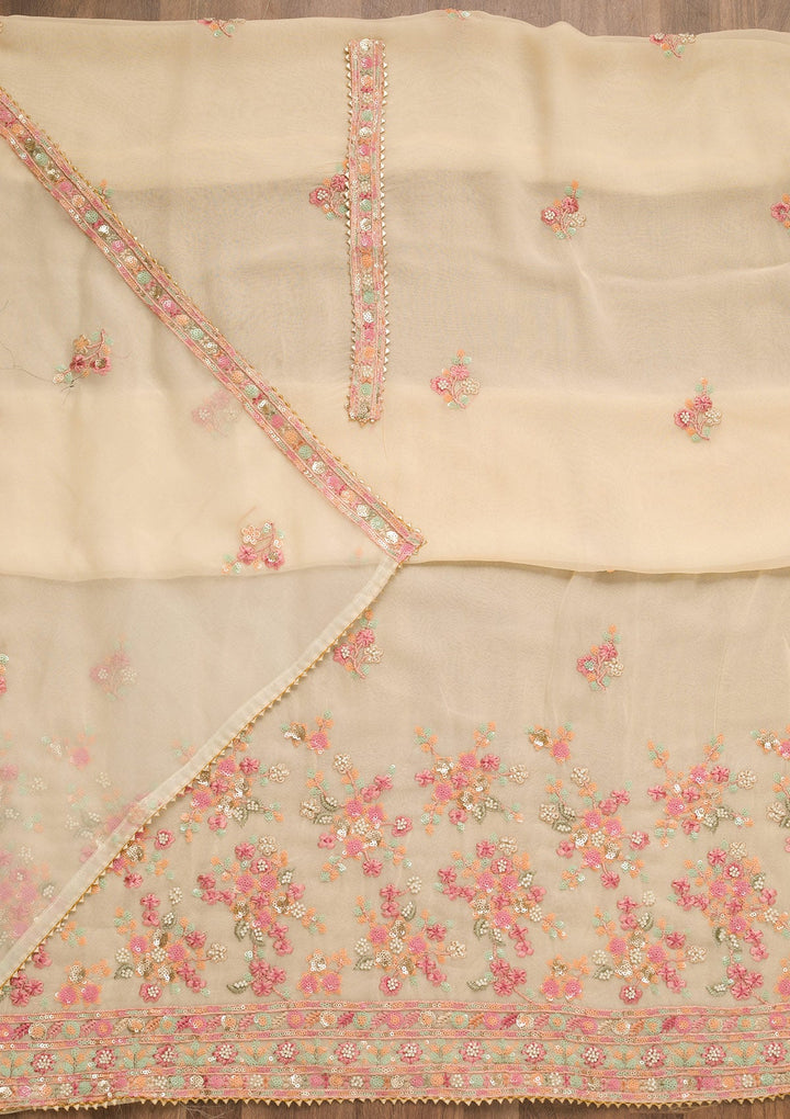 Cream Sequins Georgette Unstitched Salwar Suit-Koskii