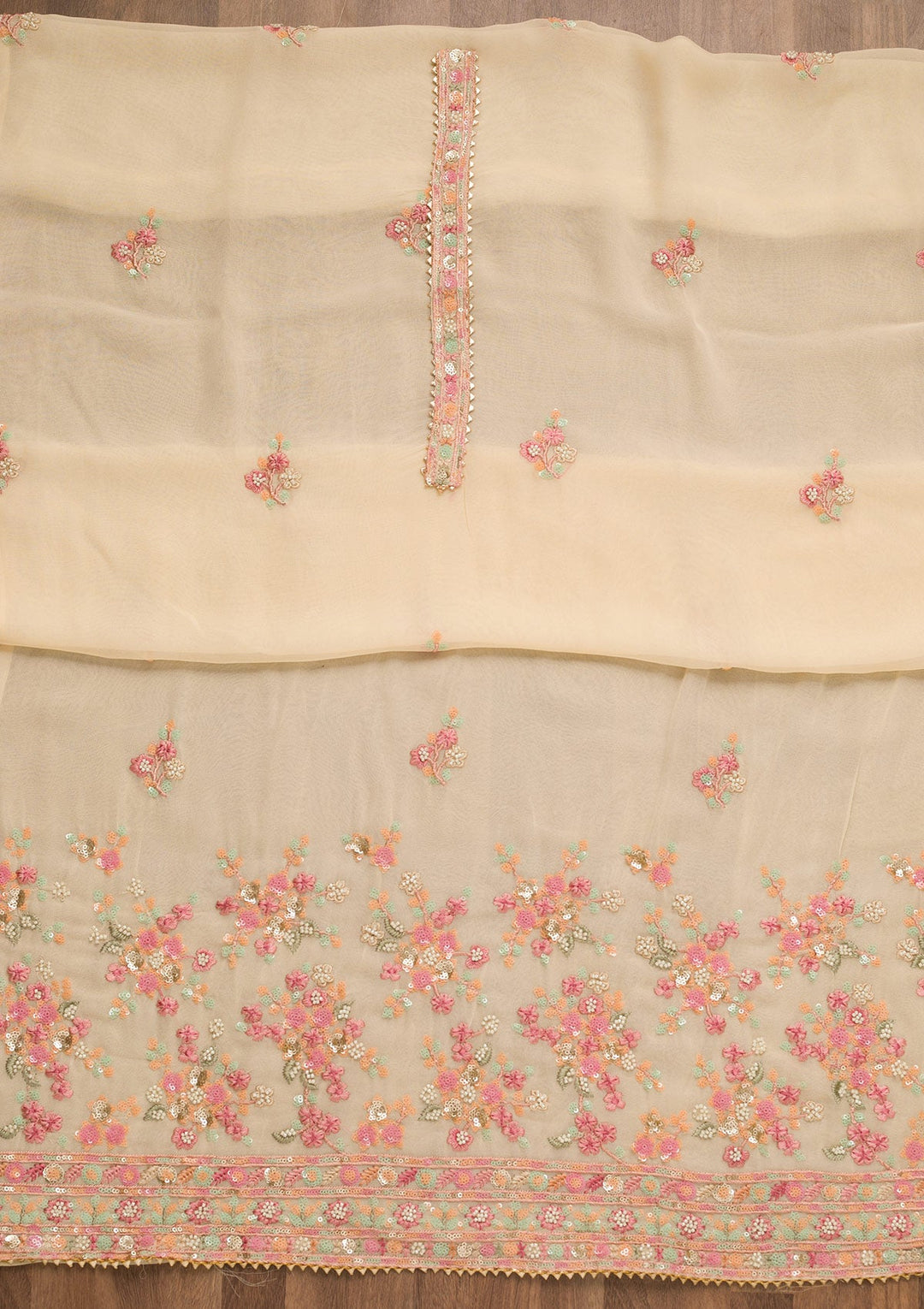 Cream Sequins Georgette Unstitched Salwar Suit-Koskii