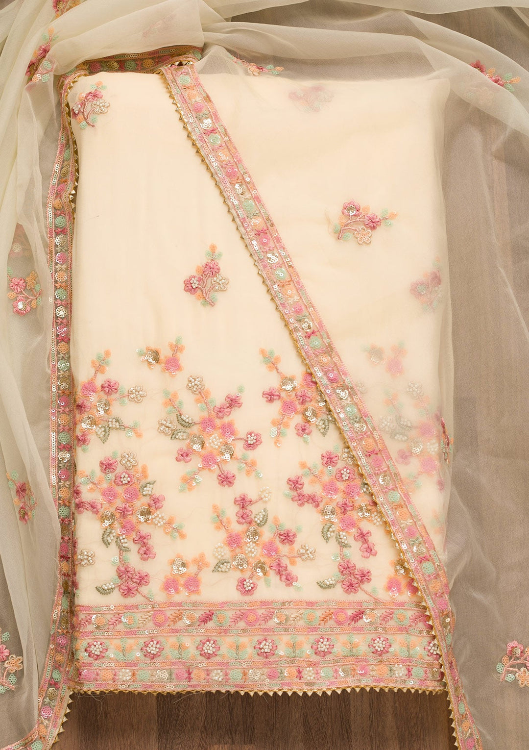 Cream Sequins Georgette Unstitched Salwar Suit-Koskii