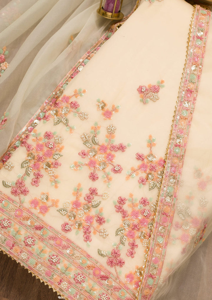 Cream Sequins Georgette Unstitched Salwar Suit-Koskii