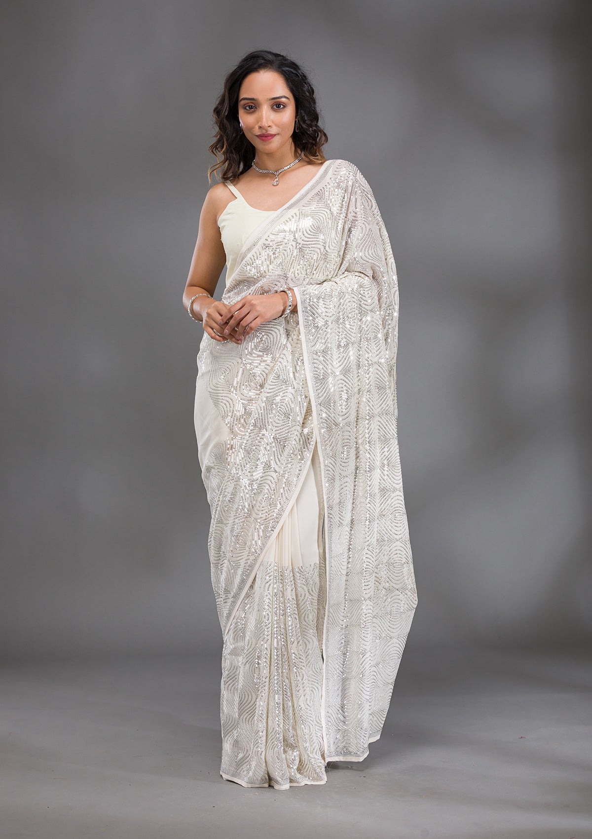 Cream Sequins Georgette Saree-Koskii