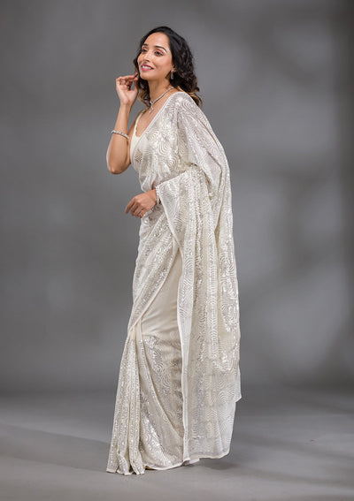 Cream Sequins Georgette Saree-Koskii