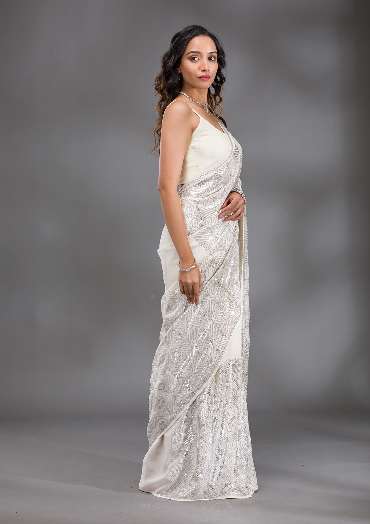 Cream Sequins Georgette Saree-Koskii