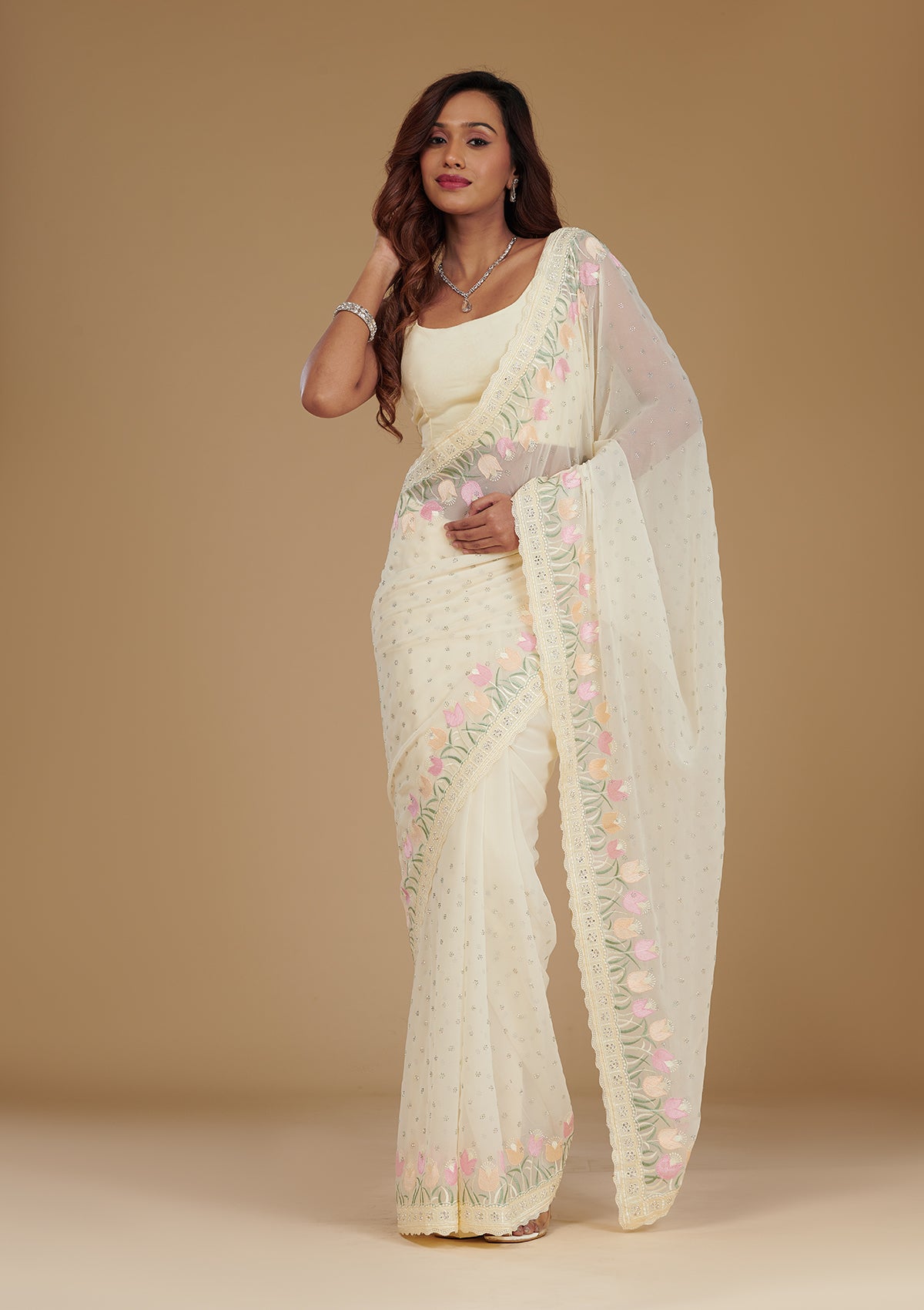 Cream Sequins Georgette Saree-Koskii