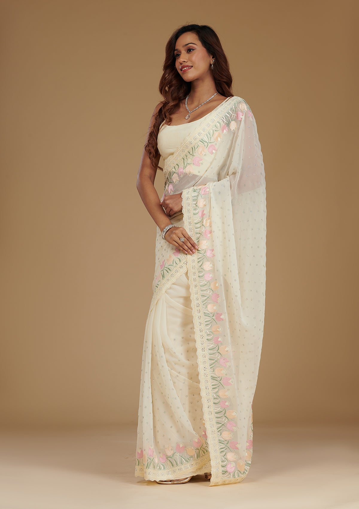 Cream Sequins Georgette Saree-Koskii