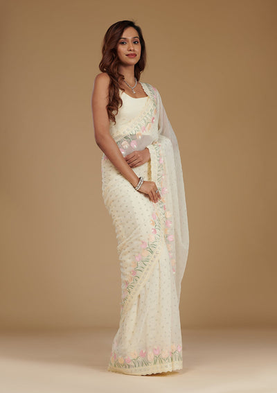 Cream Sequins Georgette Saree-Koskii