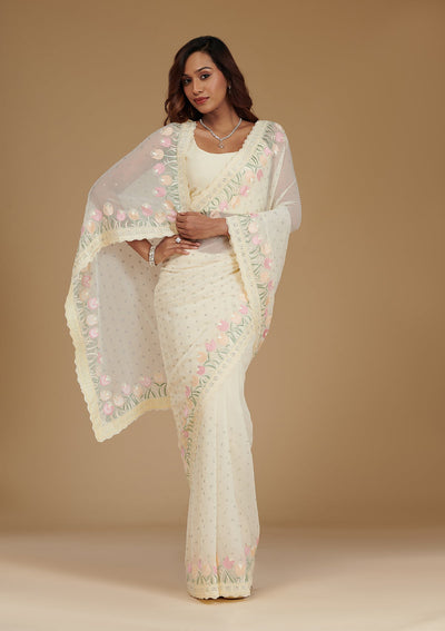 Cream Sequins Georgette Saree-Koskii